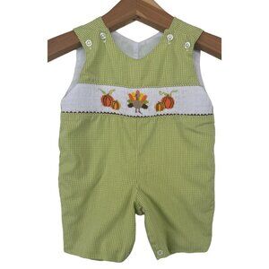 Classic Whimsy Shortall Sz 3M Green Gingham Smocked Thanksgiving Turkey Pumpkin